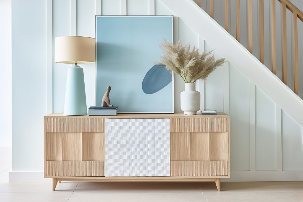 Nowoczesna komoda pełniąca funkcję szafki rtv, wykonana z jasnego drewna dębowego. Mebel posiada charakterystyczne, ryflowane boki oraz centralny, biały front o geometrycznej, trójwymiarowej teksturze. Szafka stoi na smukłych nóżkach w jasnym korytarzu pod schodami, udekorowana lampą i wazonem.